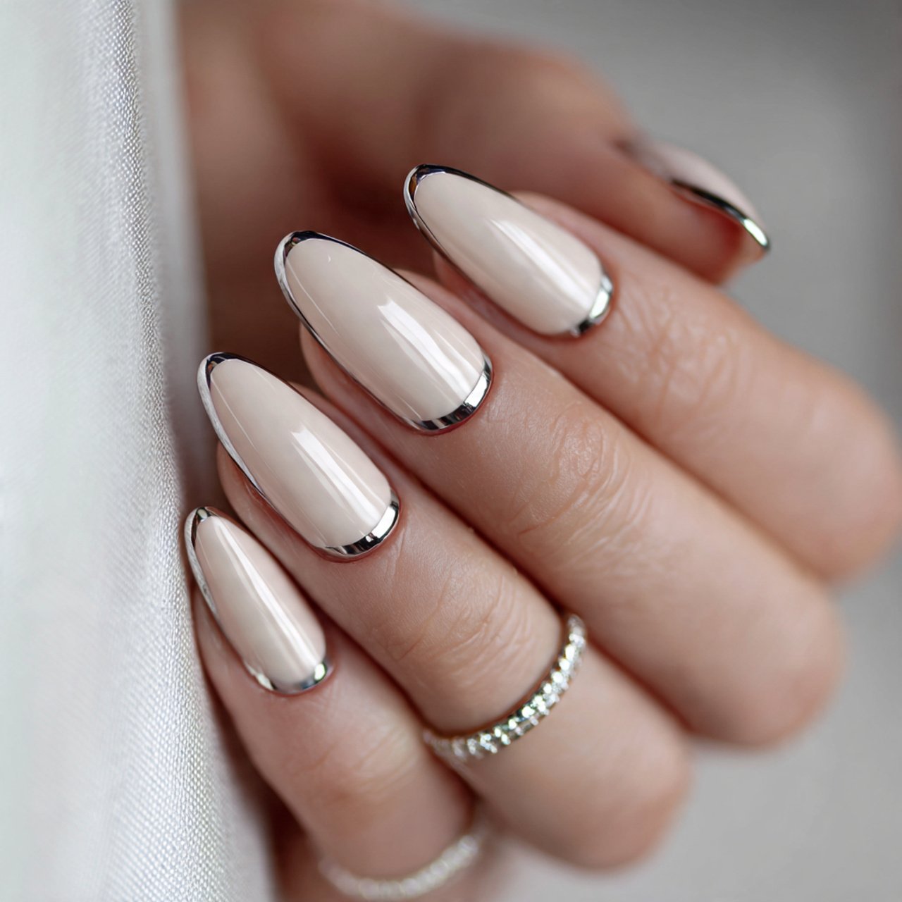 neutral nails with chrome cuticle accent nails