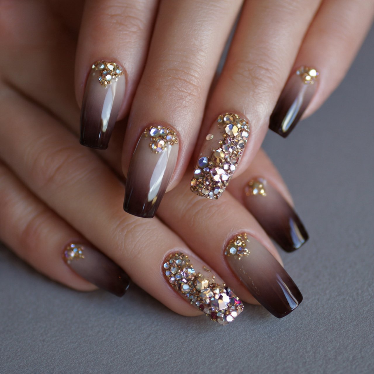 neutral ombre nails with crystal placement stunnin