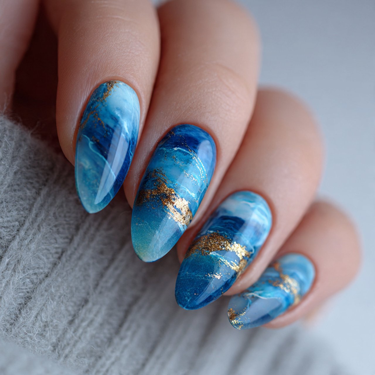 ocean blue glossy gel nails