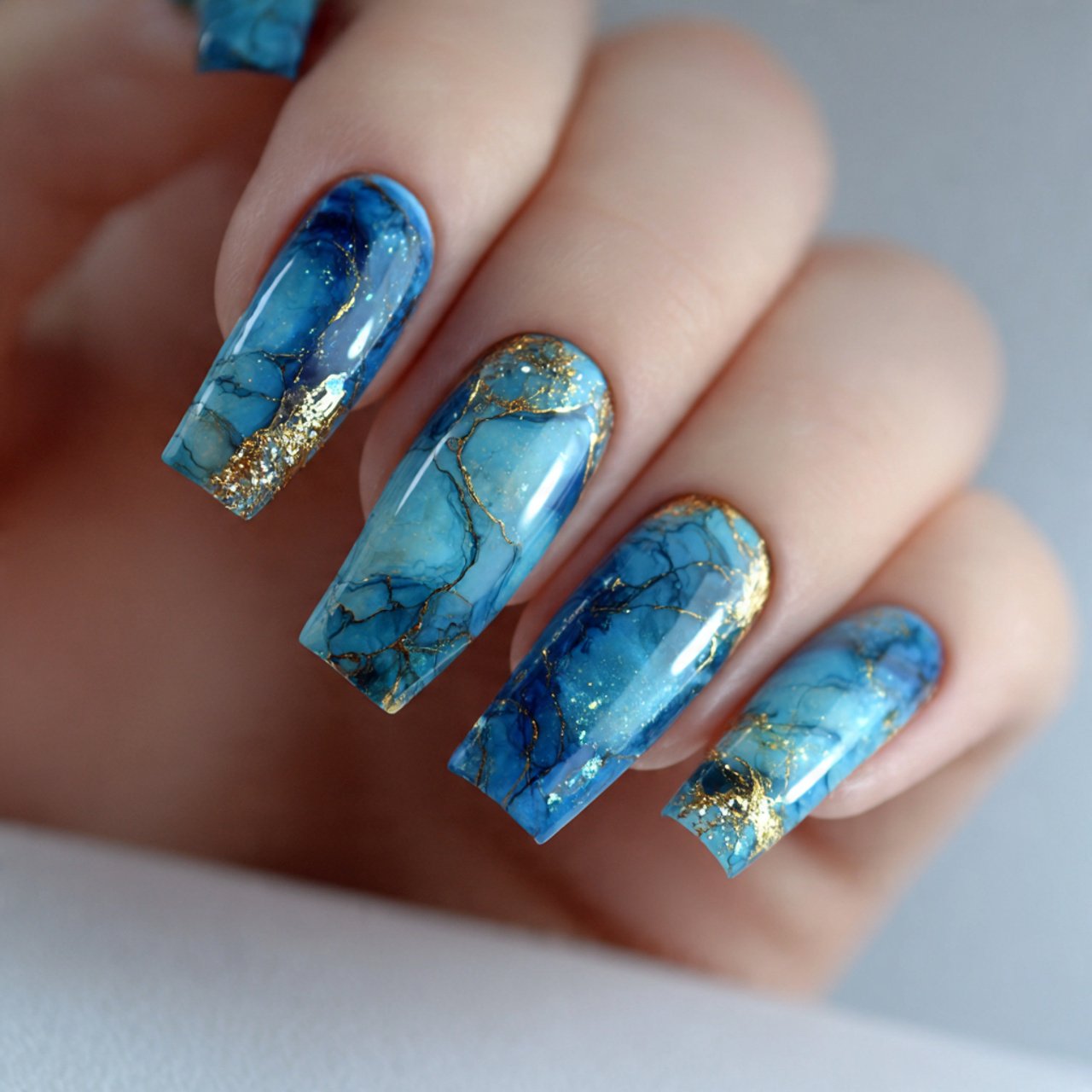 ocean blue glossy square nails