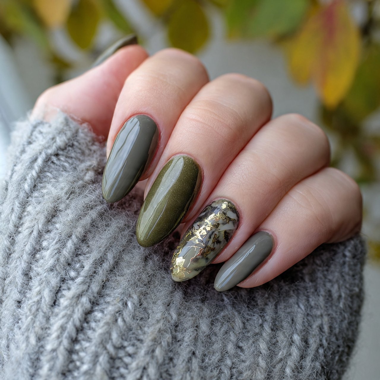 olive and taupe autumn nails elegant nails