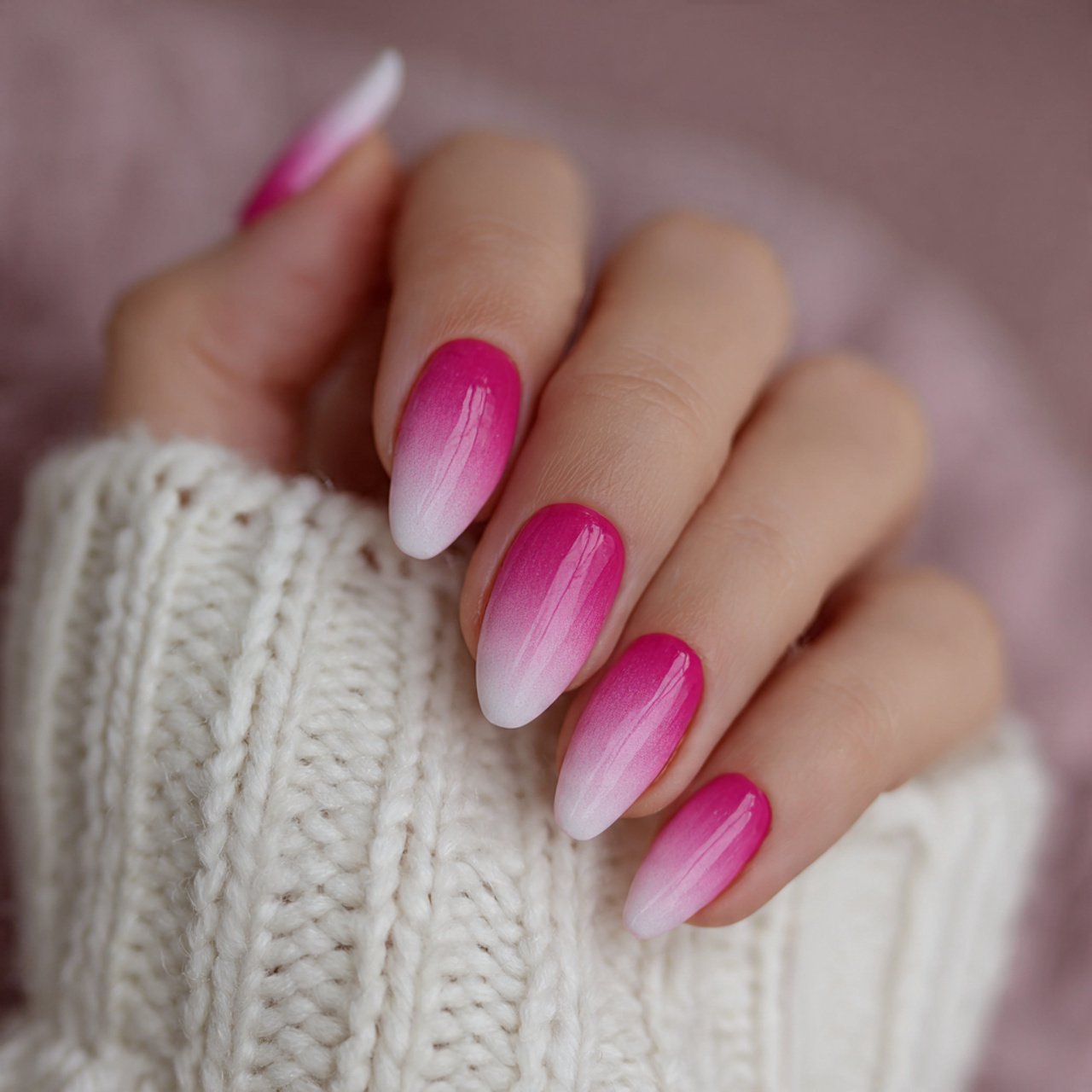 ombre pink and white almond nails
