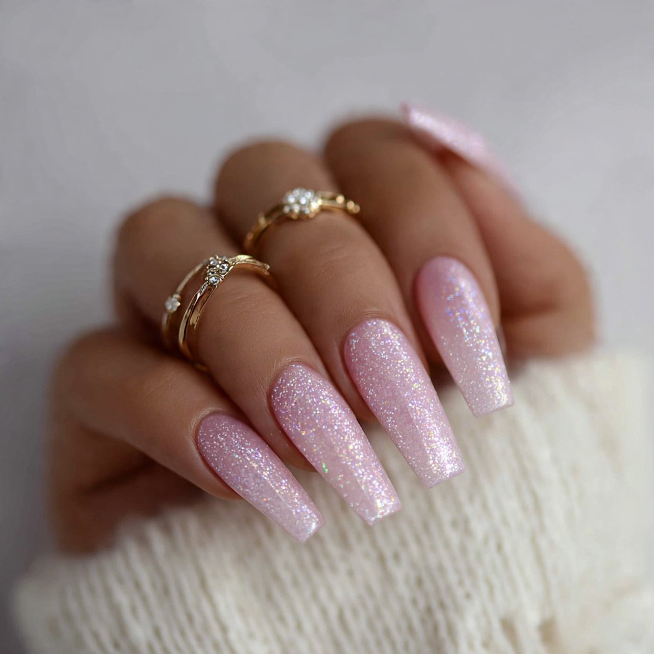 pale pink coffin nails with micro glitter nature l