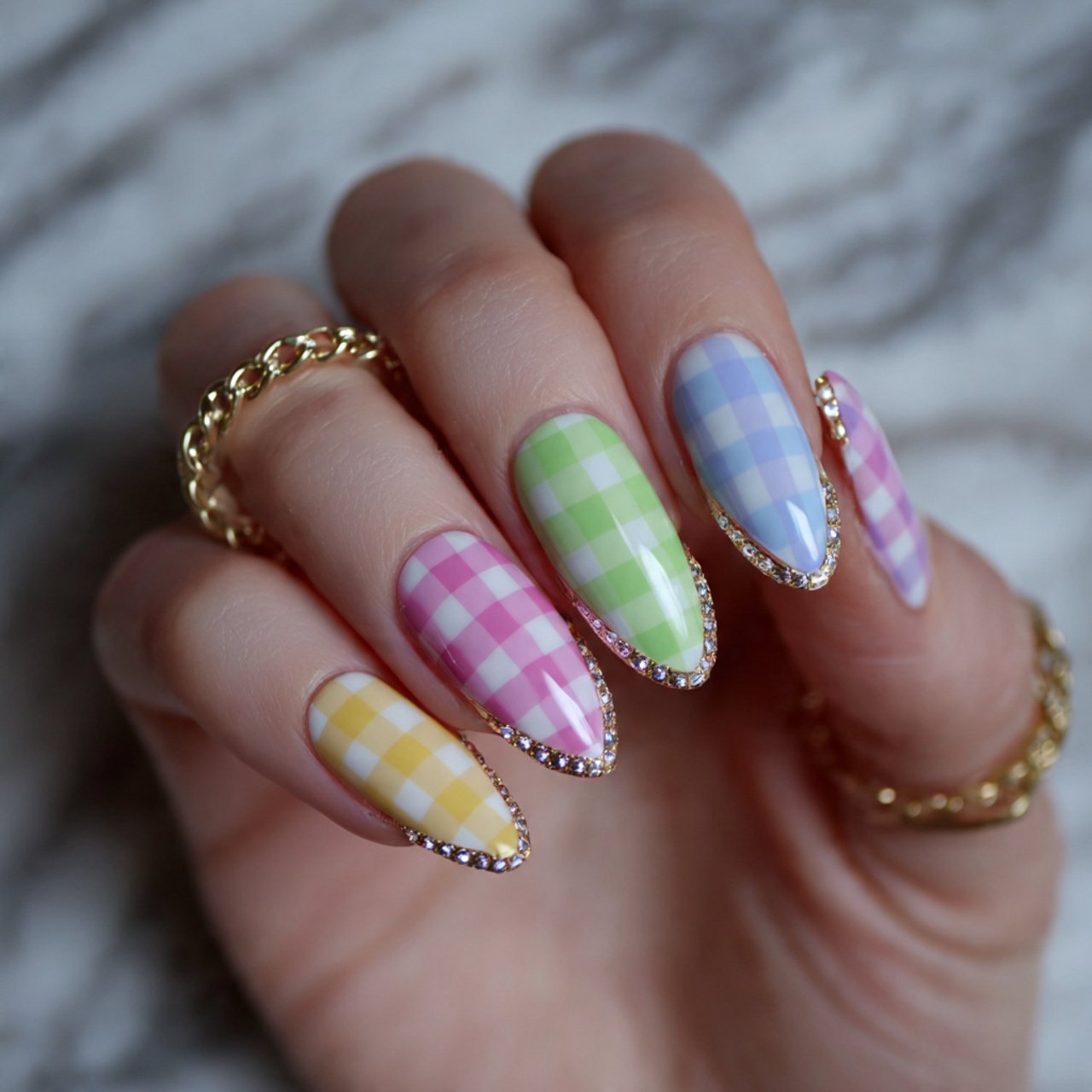 pastel gingham tips nails