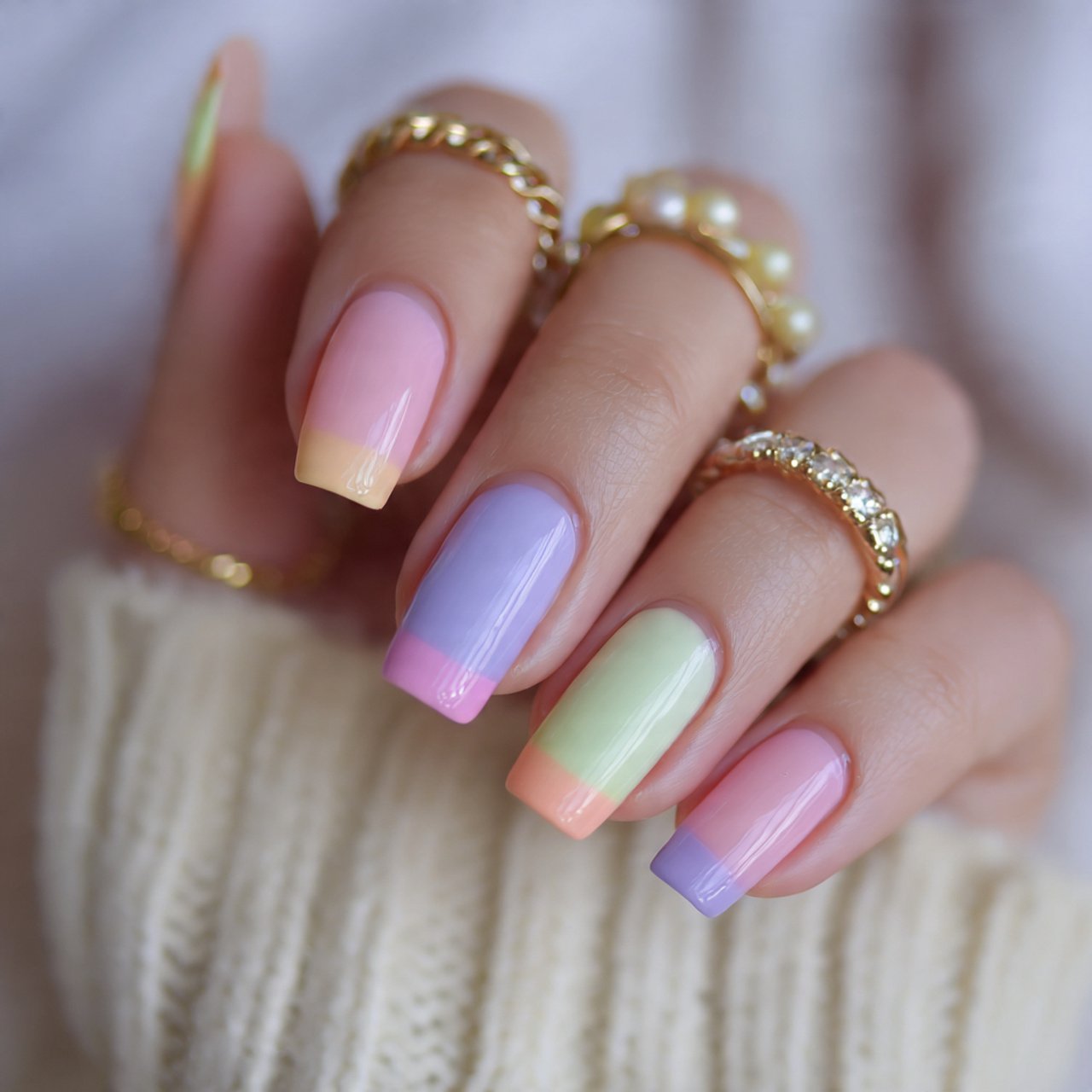 pastel mismatched french tips nails