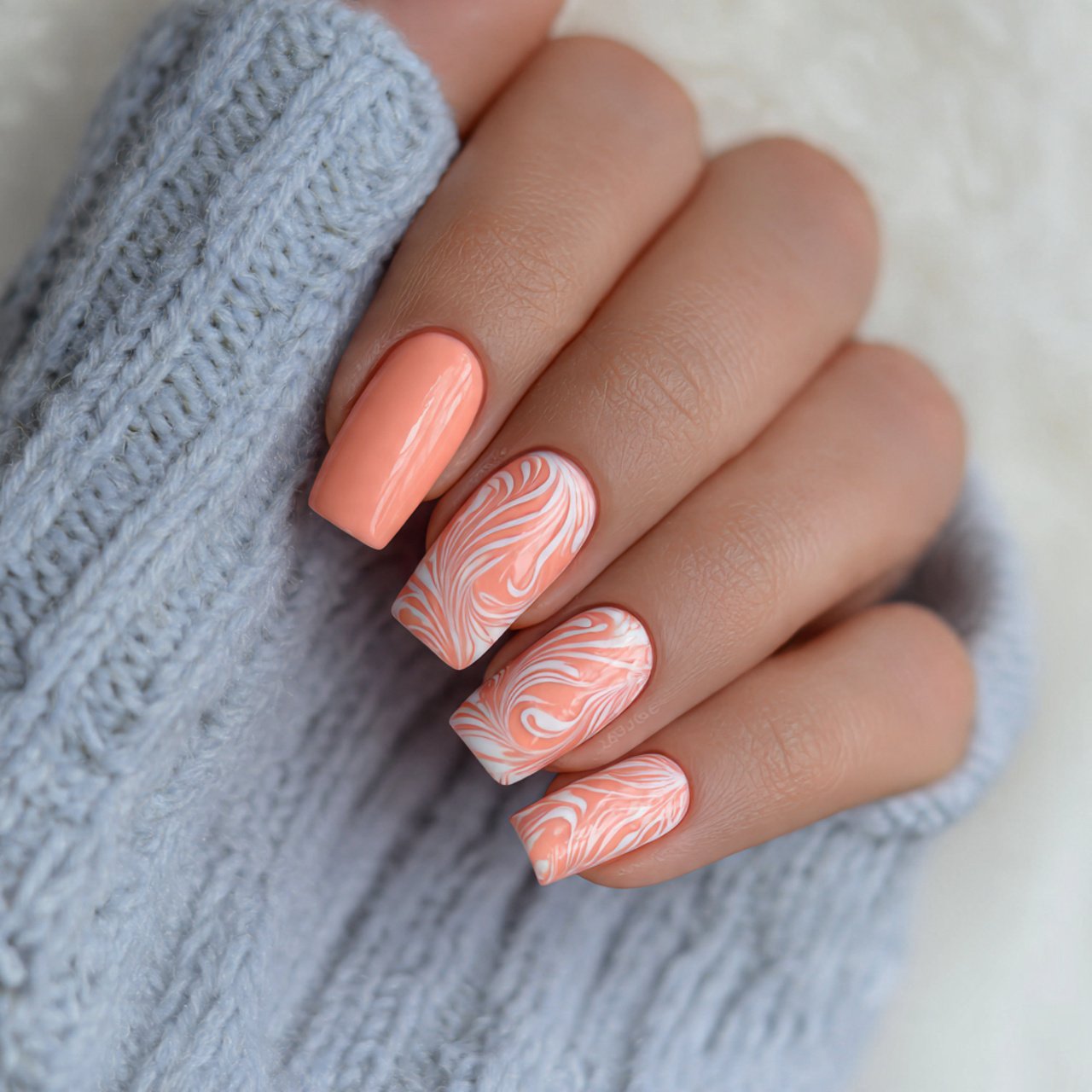 peach square nails with white swirls decent look n