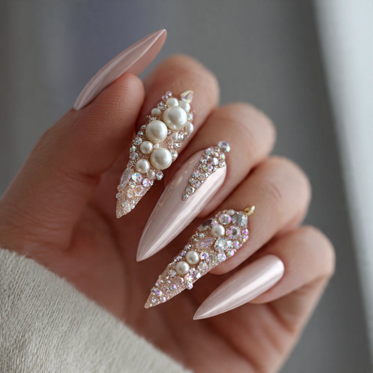 pearl and rhinestone nails