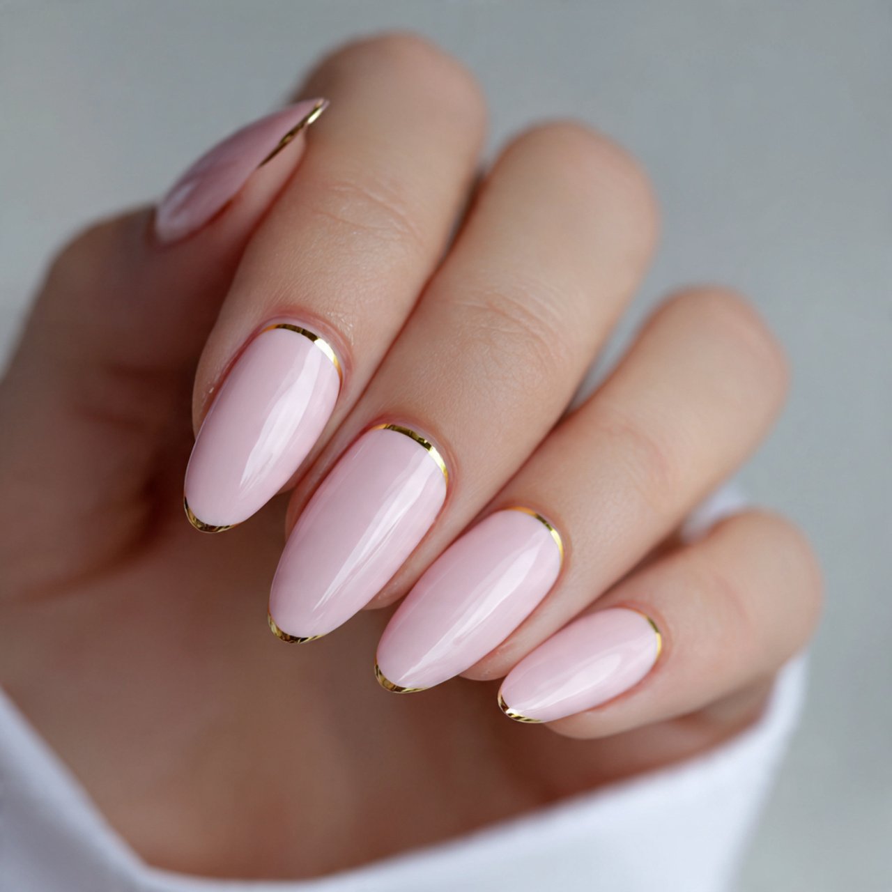pink almond nails with a fine gold line accent nai