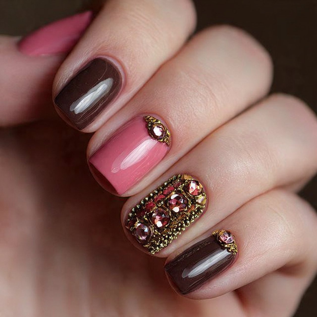 pink and brown gem accent nails attractive nails