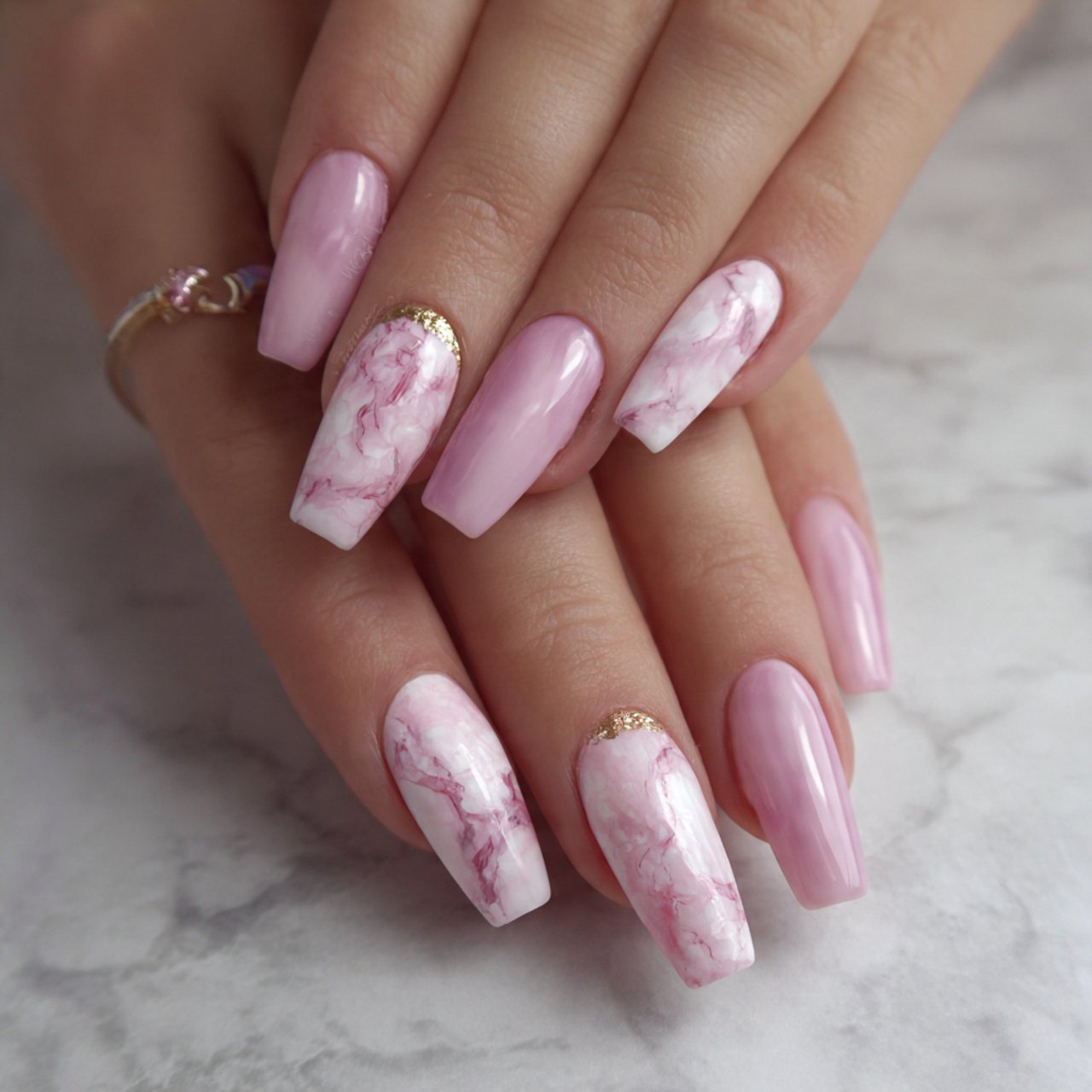 pink and white marble coffin nails attractive nail