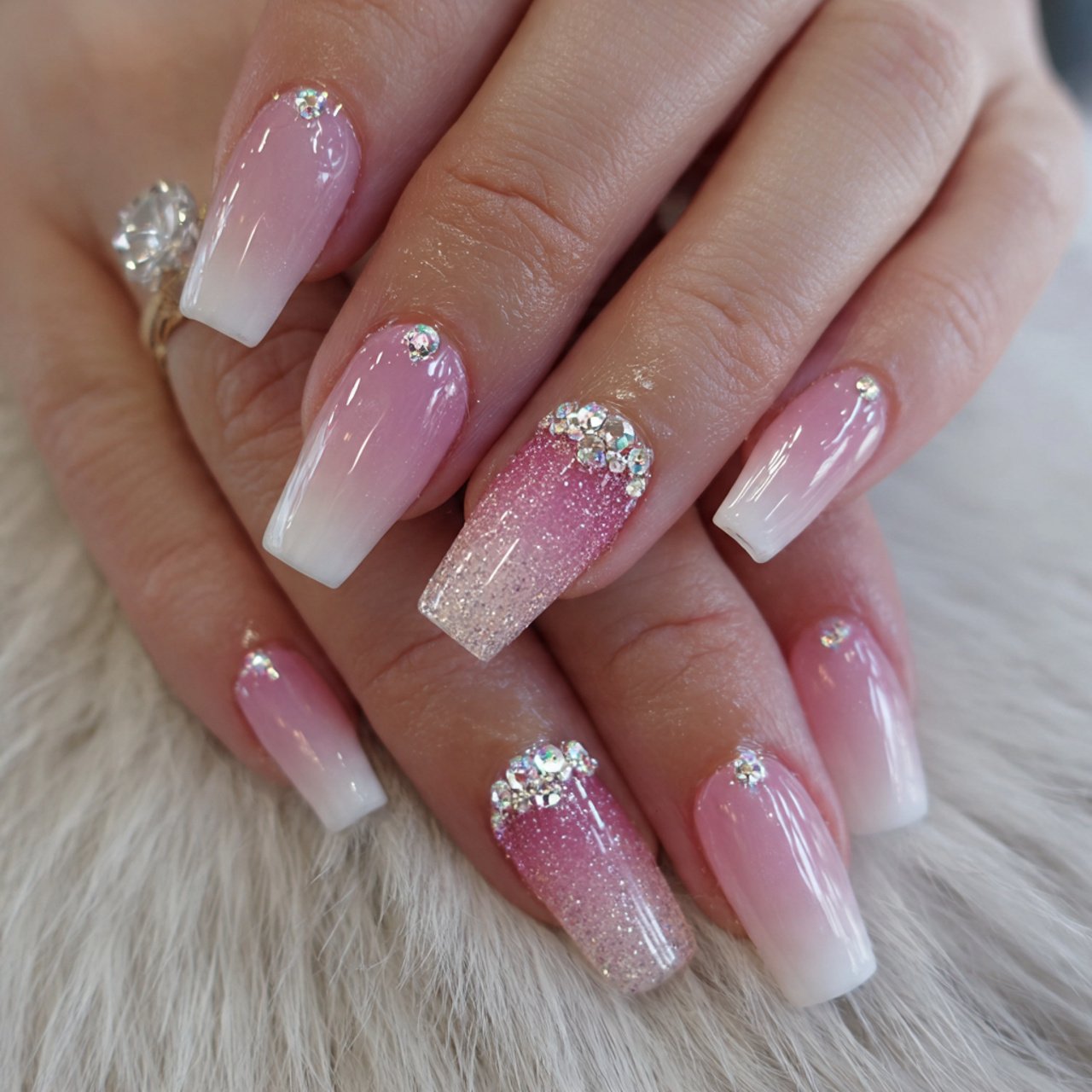 pink and white ombre with tiny rhinestone accents