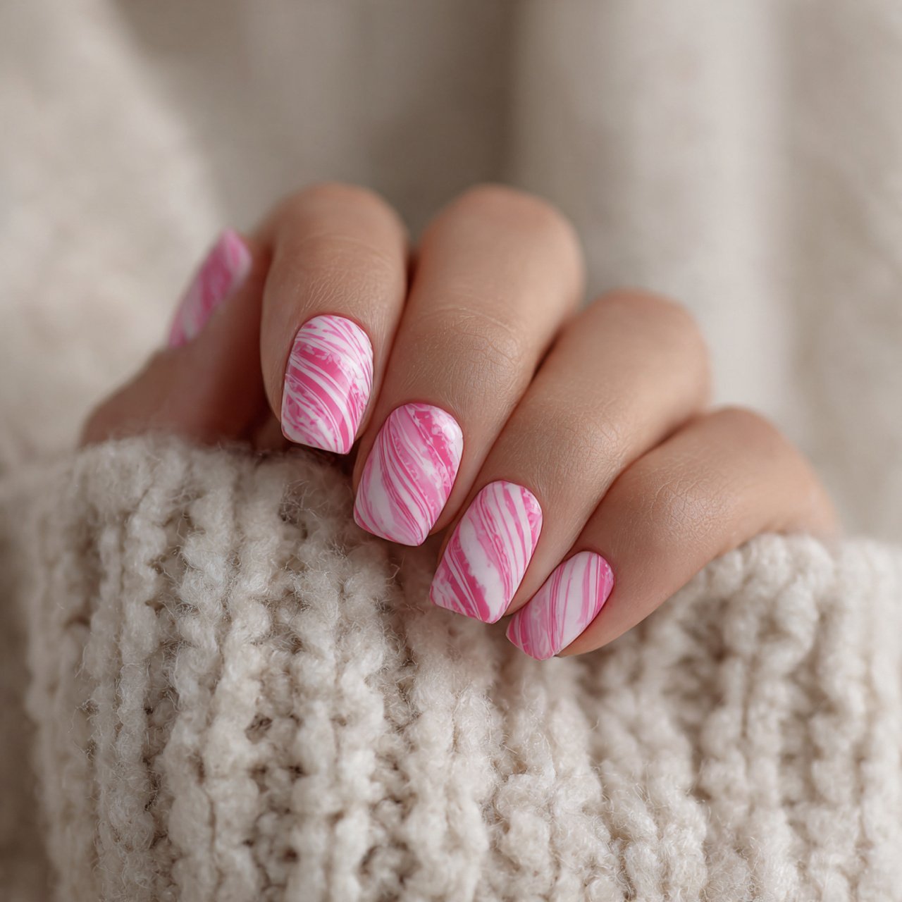 pink and white peppermint swirl nails 1