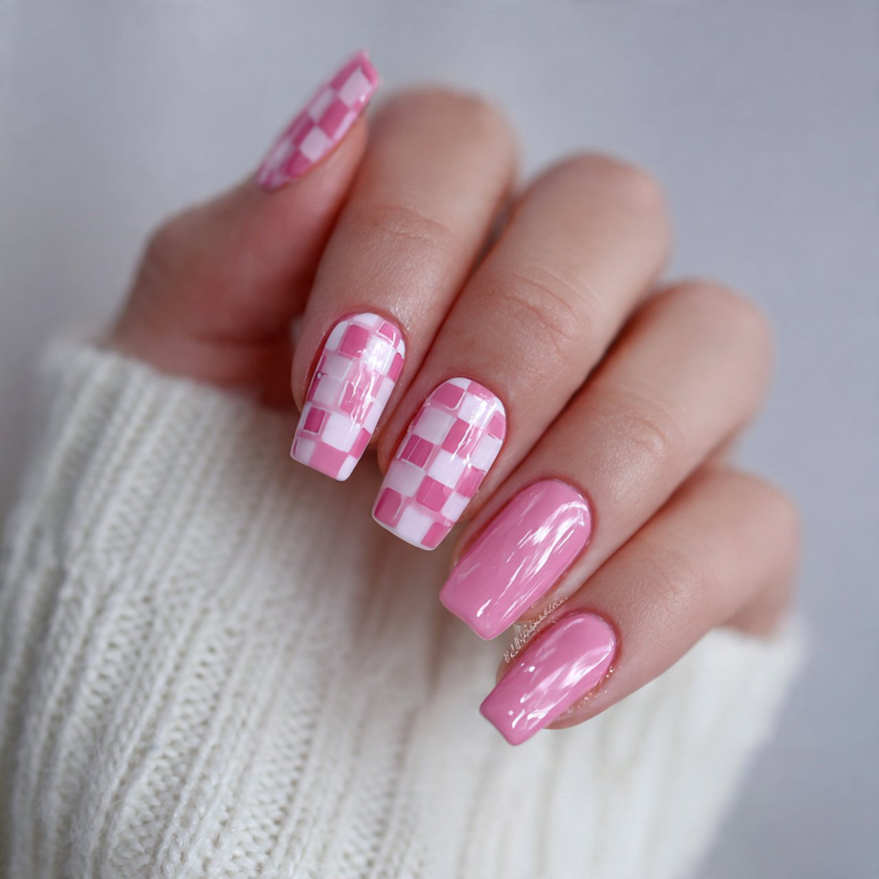 pink checkered nails