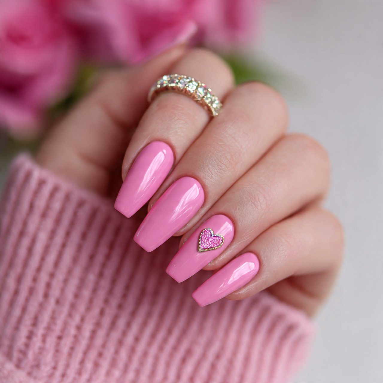 pink coffin nails with minimal heart art slaying n