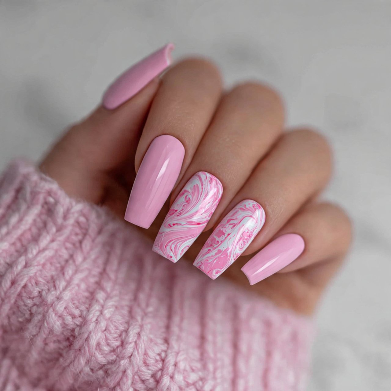pink coffin nails with white swirls attractive nai 1