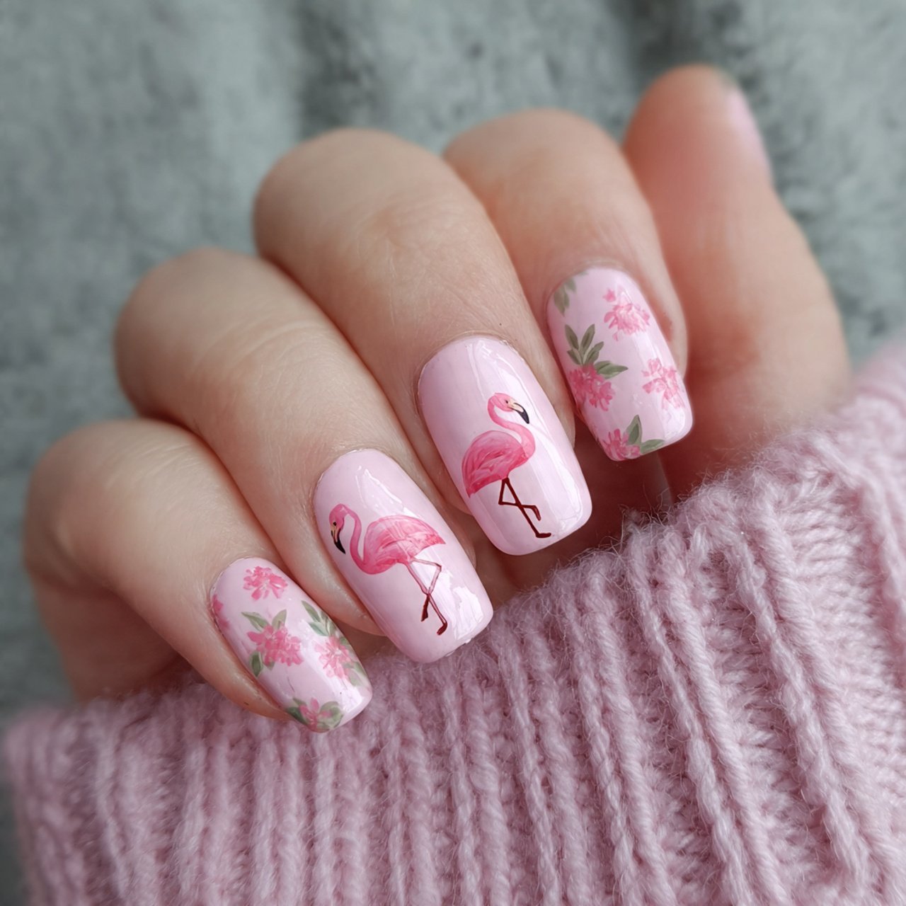 pink flamingo inspired florida nails