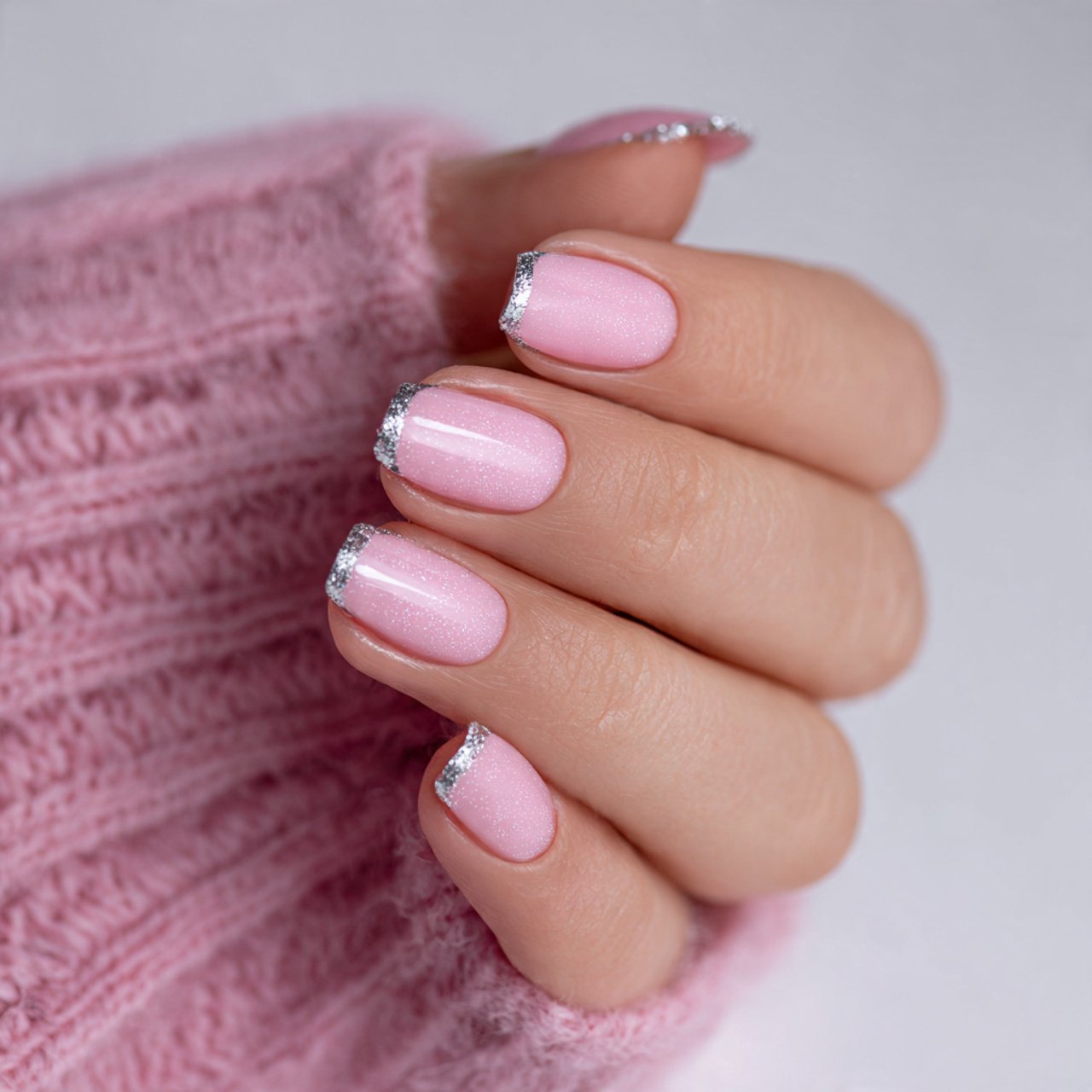 pink french tips with silver glitter edges nails