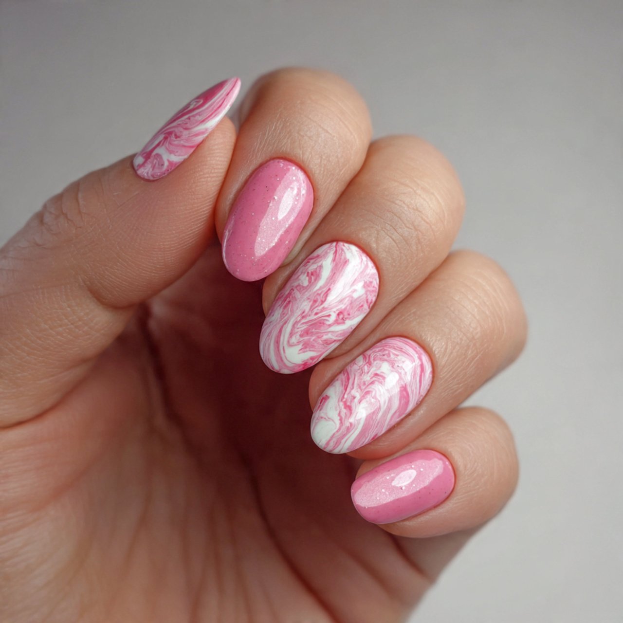 pink nails with white swirls