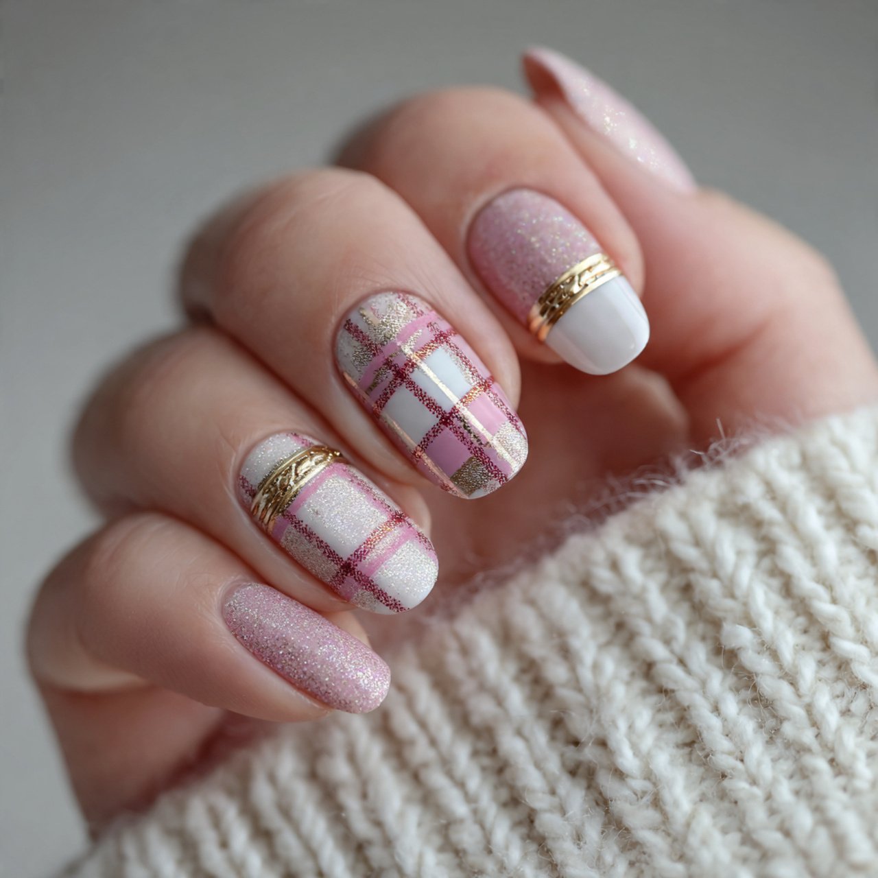 pink plaid christmas nails