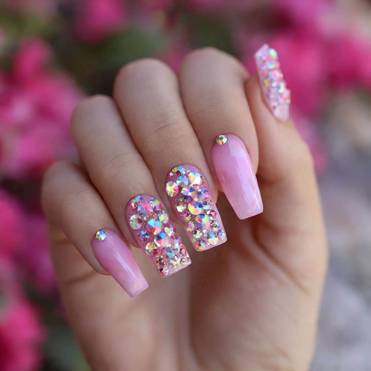 pink rhinestone nails