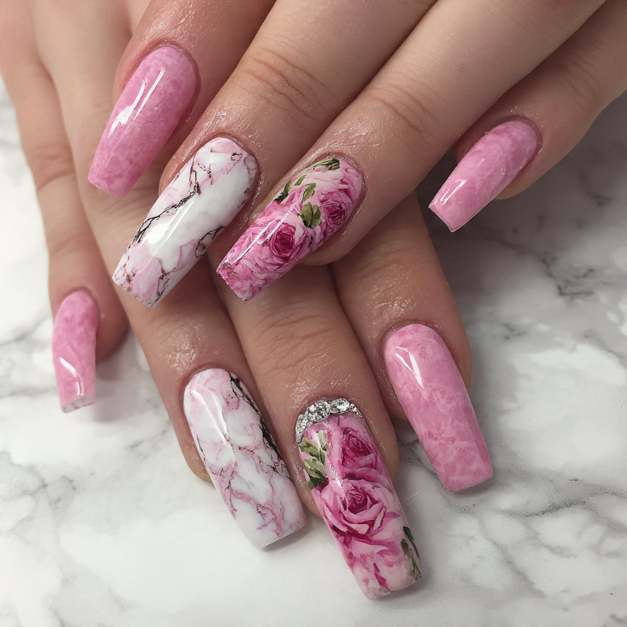 pink rose marble nails elegant nails
