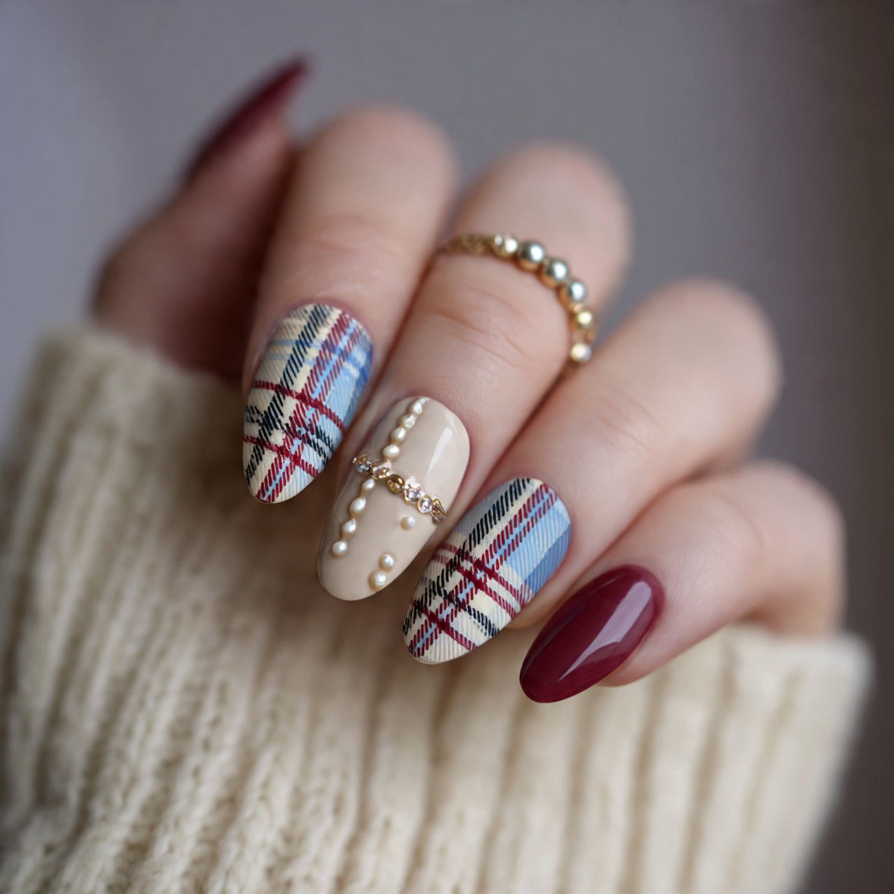 plaid accent aesthetic nails