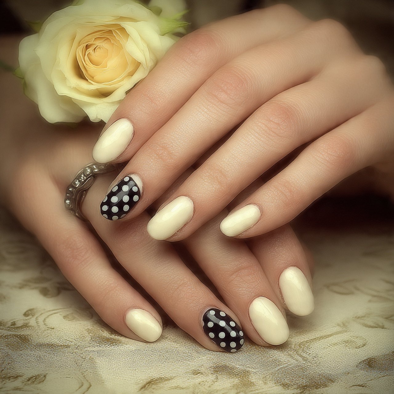 polka dots on a beige base nature look nails