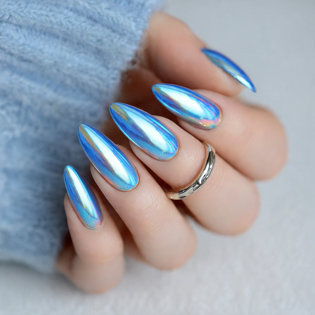 powder blue chrome veil nails