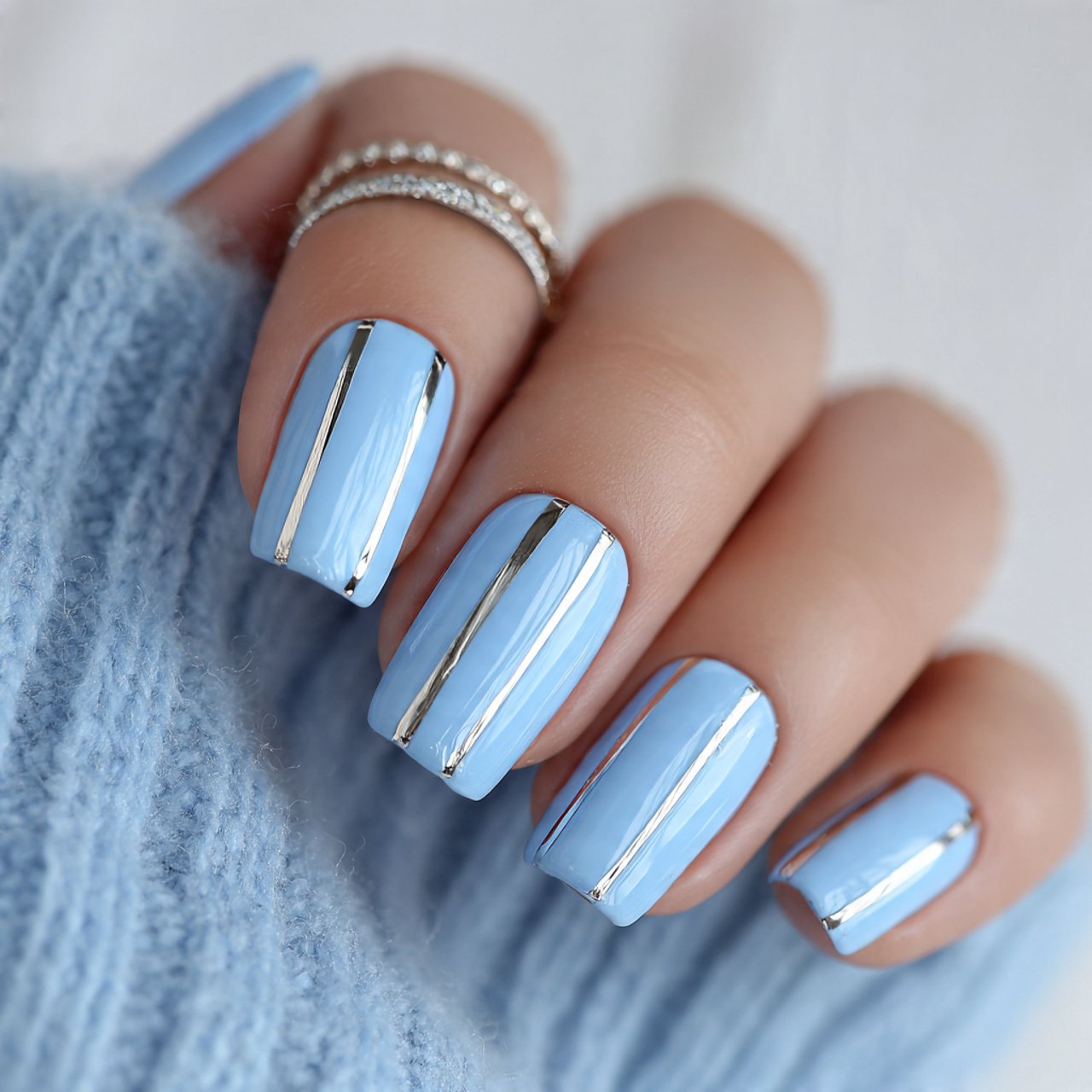 powder blue nails with silver chrome lines nails