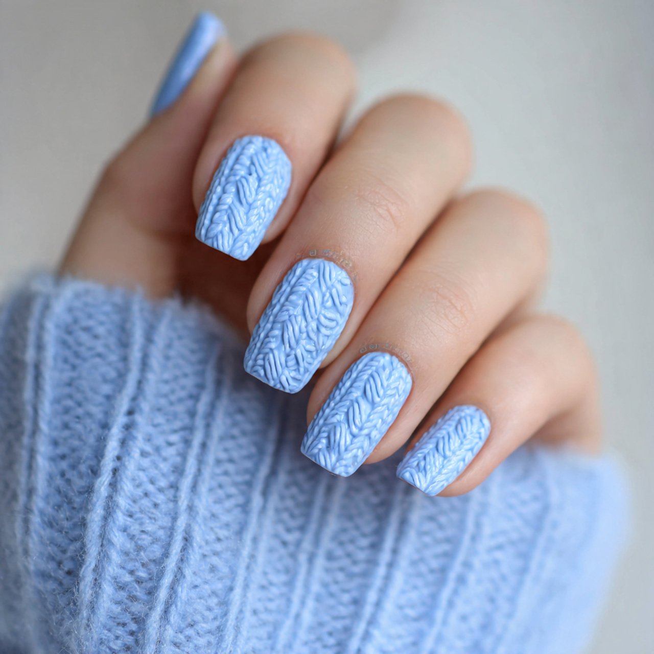 Blue Winter Nails: 15 Chic, Wearable Designs That Look Polished All Season 2 powder blue sweater texture nails stunning nails