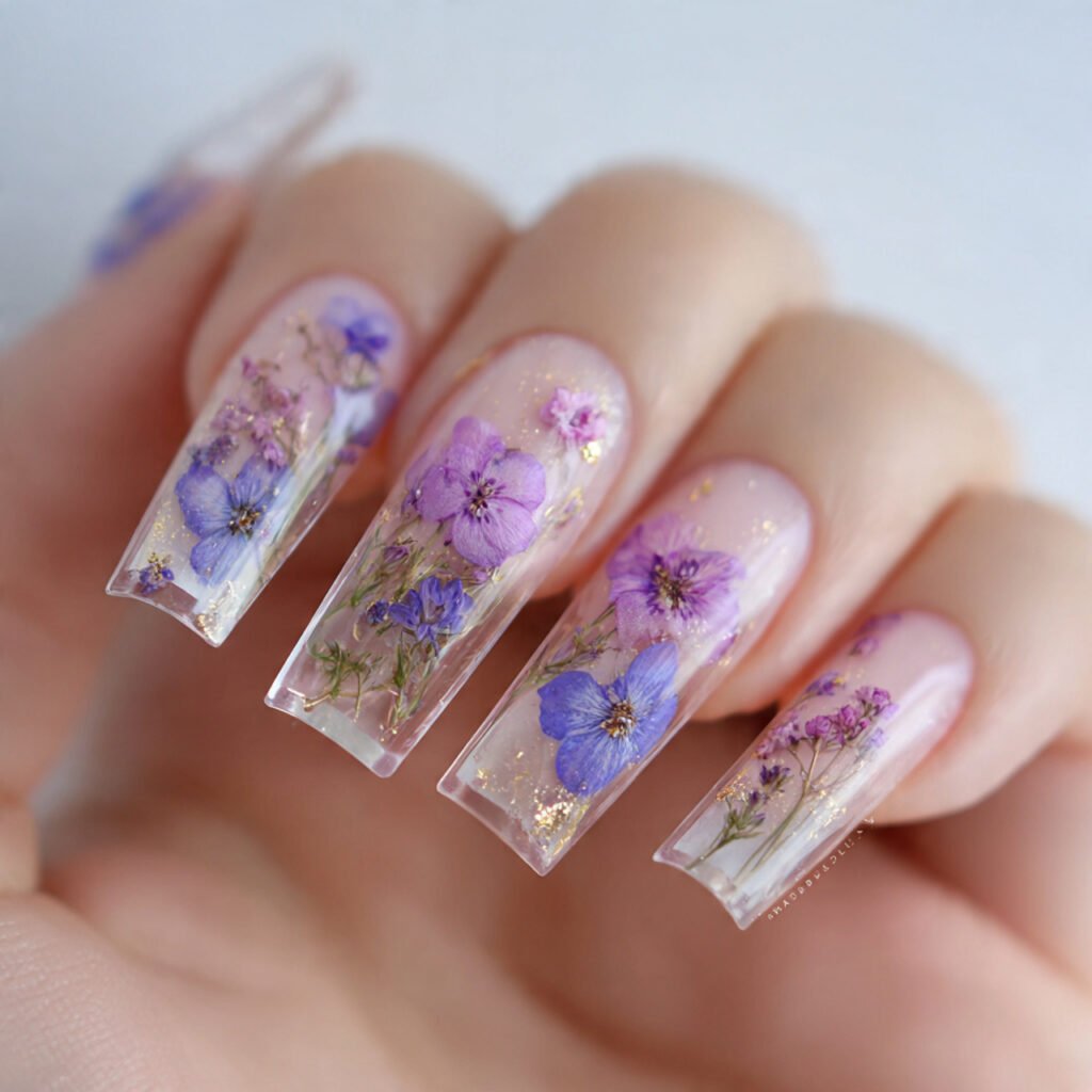 pressed flower inspired sheer nails