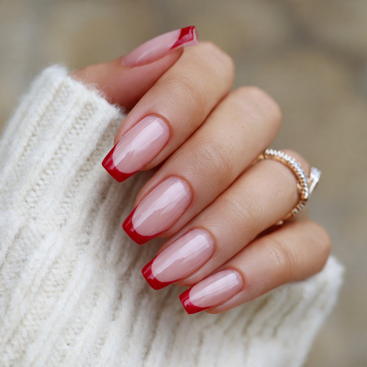 red french tips on a sheer pink base nails