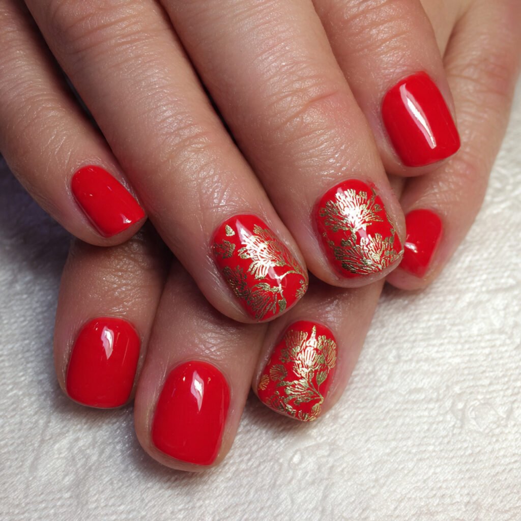 red nails with fine gold foil accents creative nai