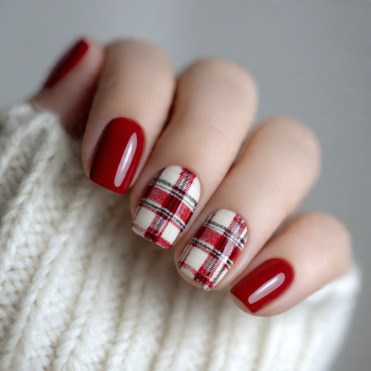 red plaid short square nails