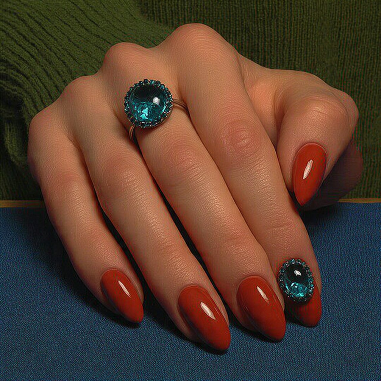 rich brown velvet nails with blue gem accents attr