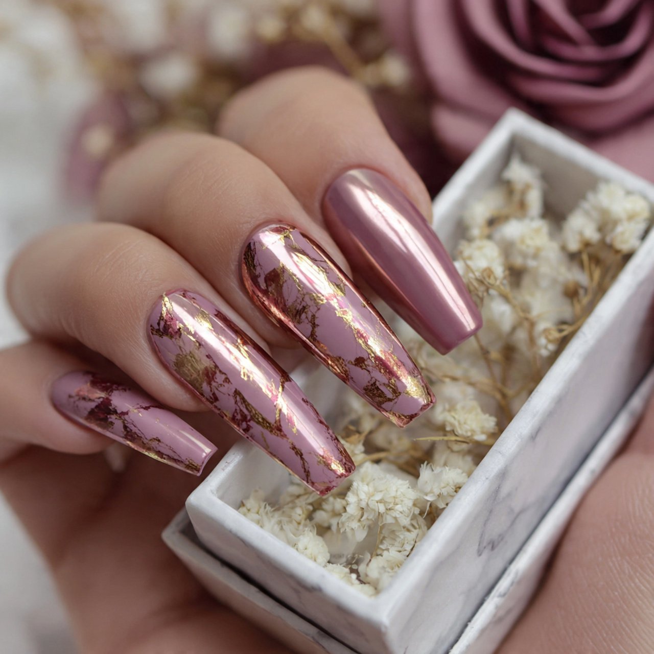 rose chrome glazed press on nails flawless nails
