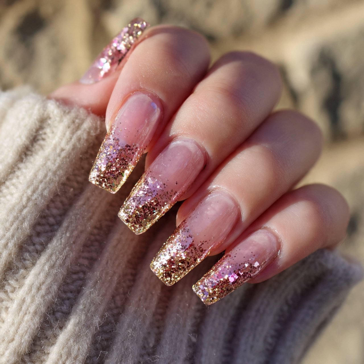 rose gold coffin nails with glitter tips creative