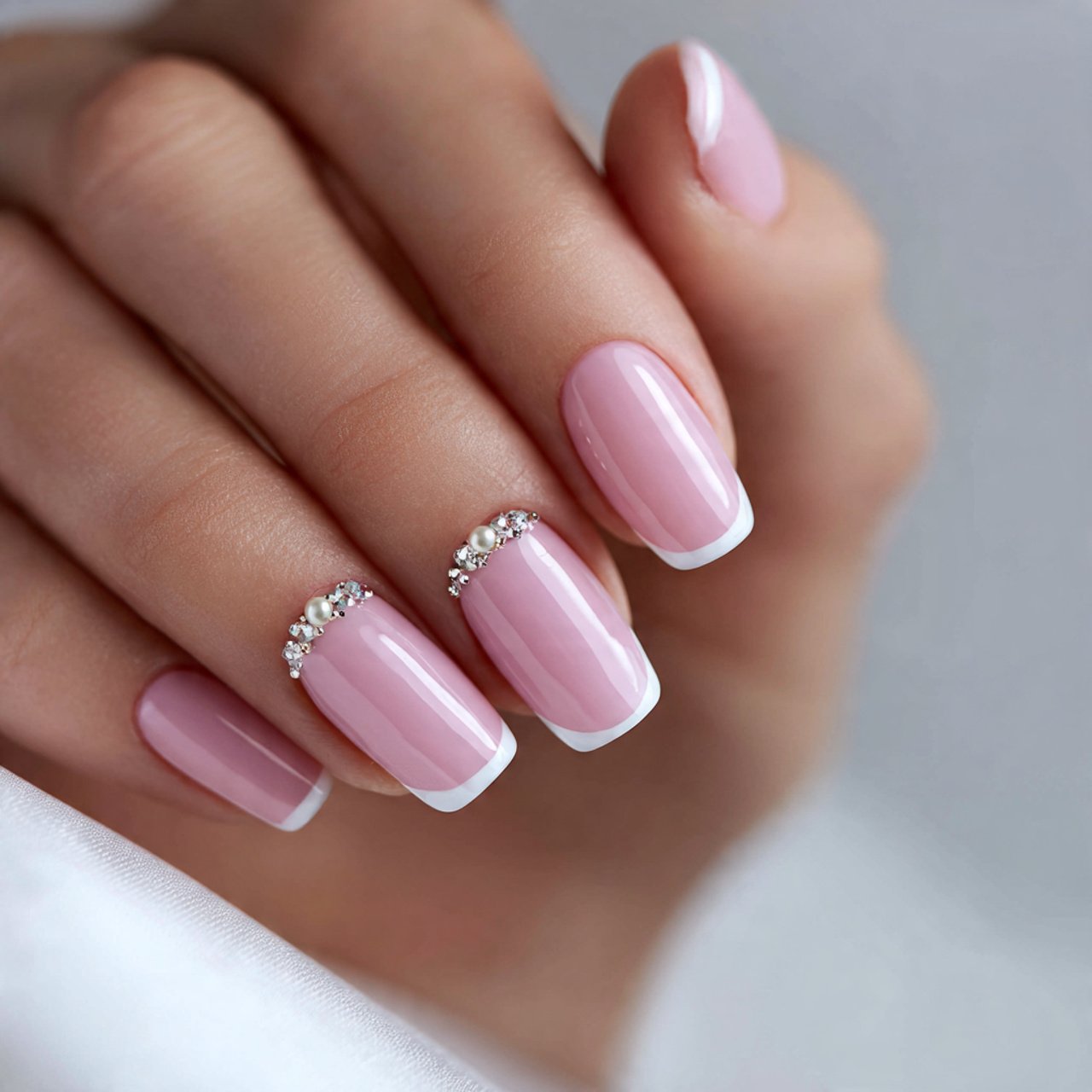 rose pink french nails with pearls nails