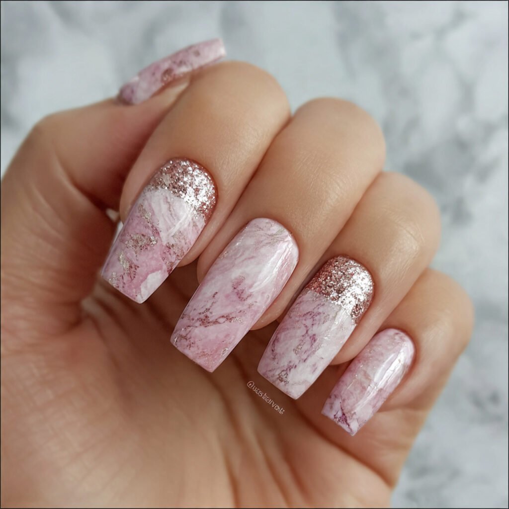 rose quartz inspired marble nails