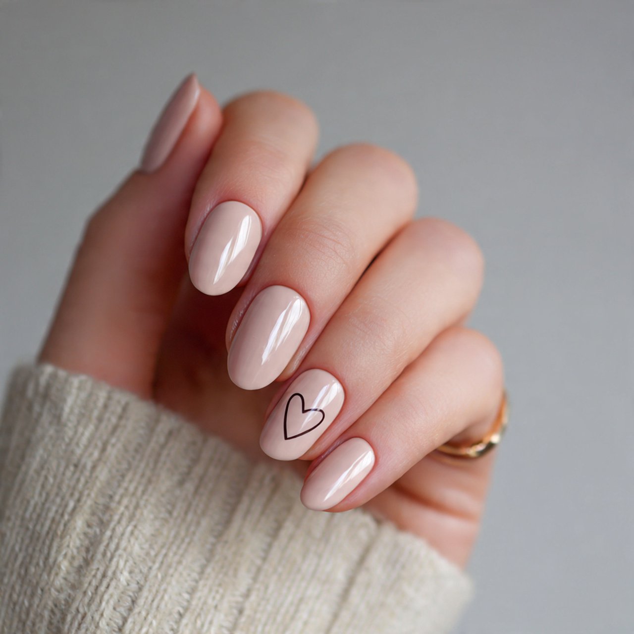 rosy beige nails with minimal heart art elegant na