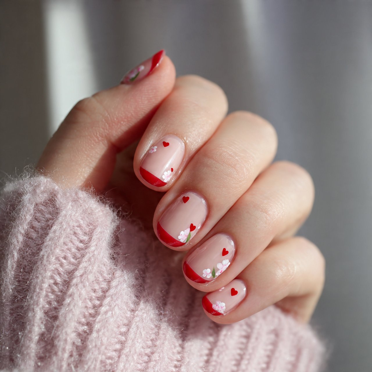 rosy nails with tiny heart accents
