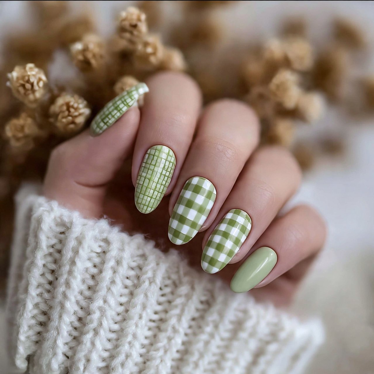 sage green checkered nails