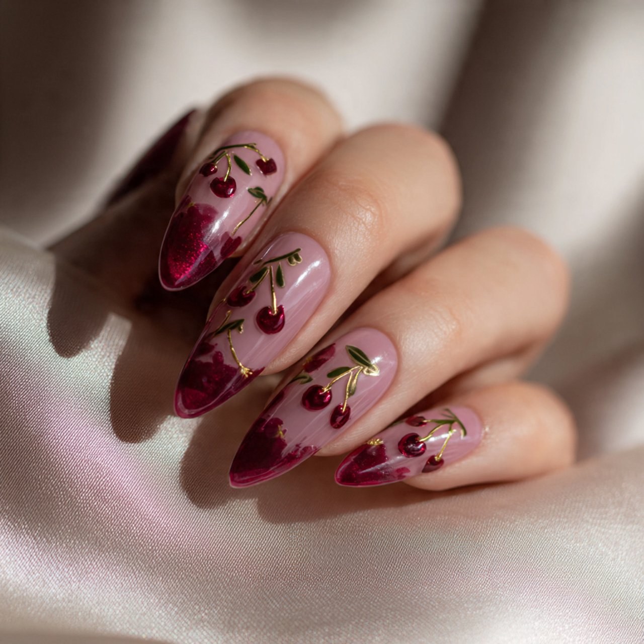 sheer berry almond nails