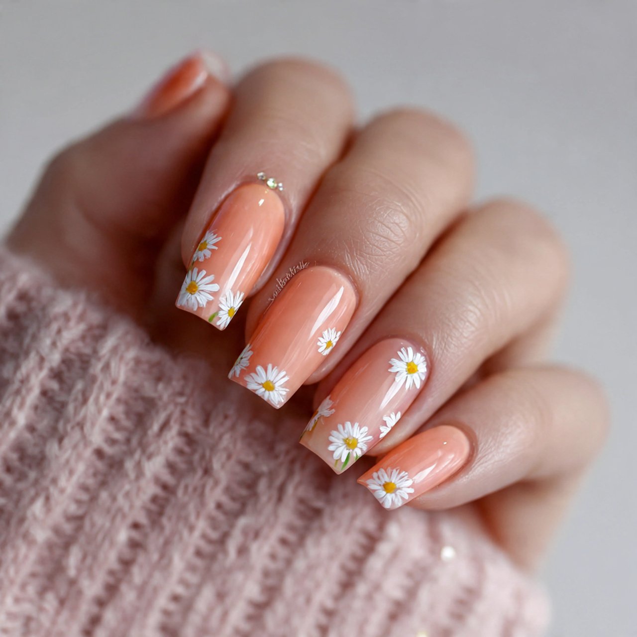 sheer peach nails with tiny daisy accents nails