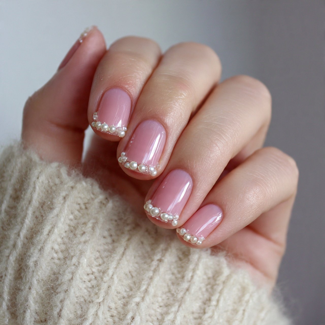 sheer pink nails with tiny pearl accents nails