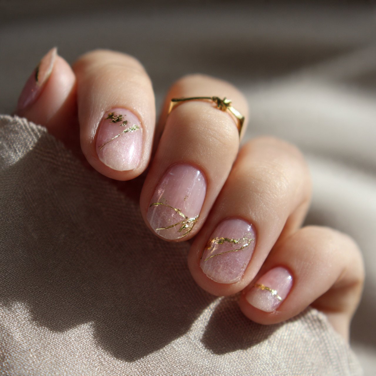 sheer pink neutral nails with gold foil accents pr