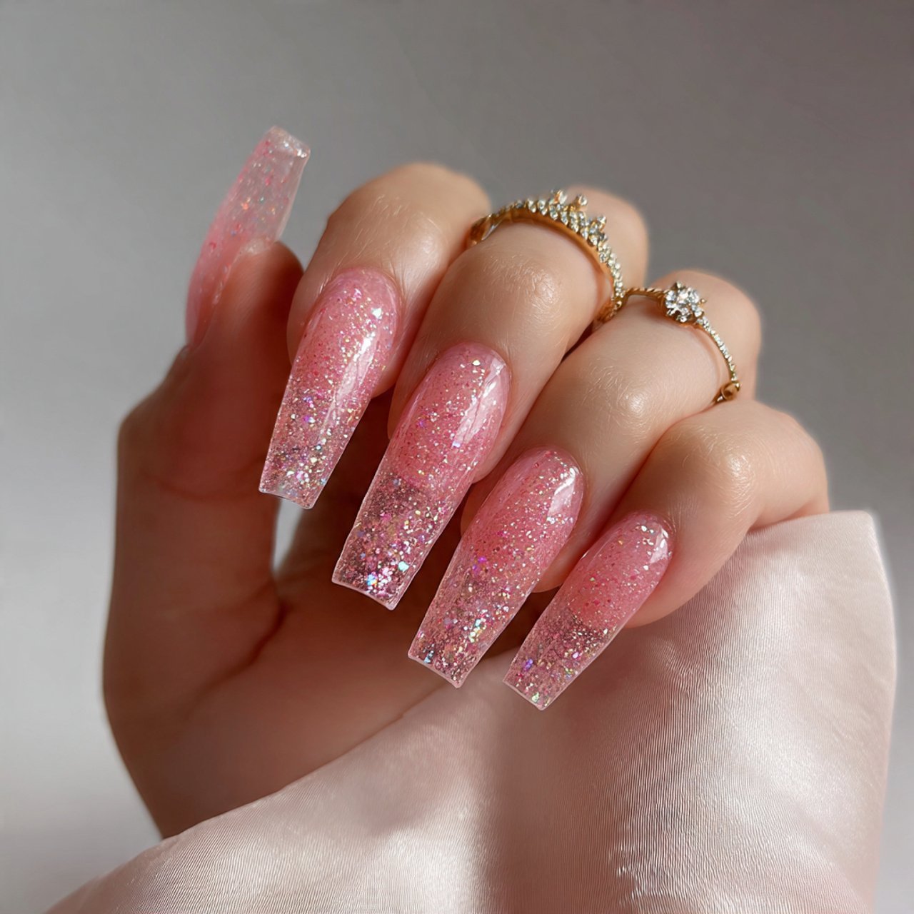 sheer pink sparkly nails