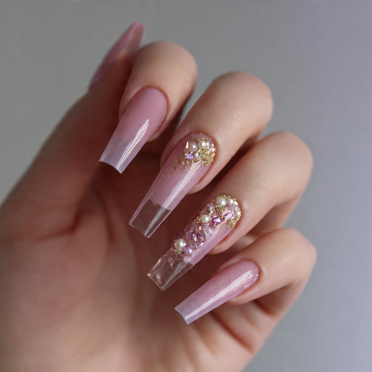 sheer pink with pearl details attractive nails