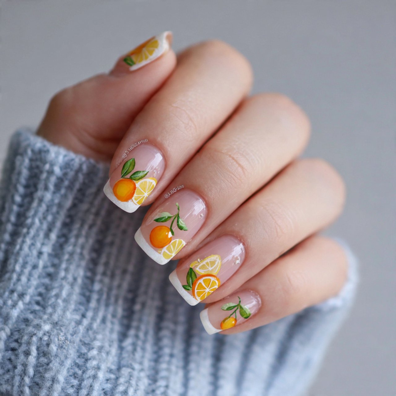 sheer short nails with tiny citrus art nails