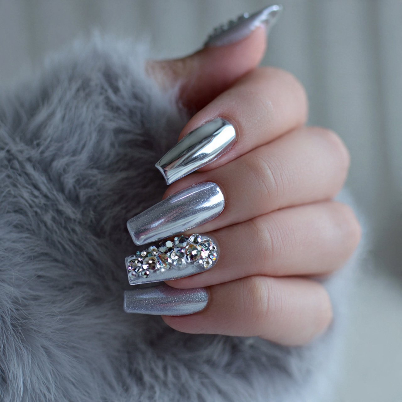 shimmering silver coffin nails with rhinestones